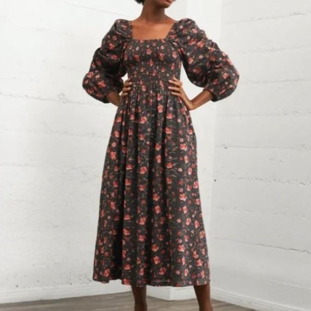 WVN Hampshire Dress Black Autumn Floral Print Midi Length Size Medium